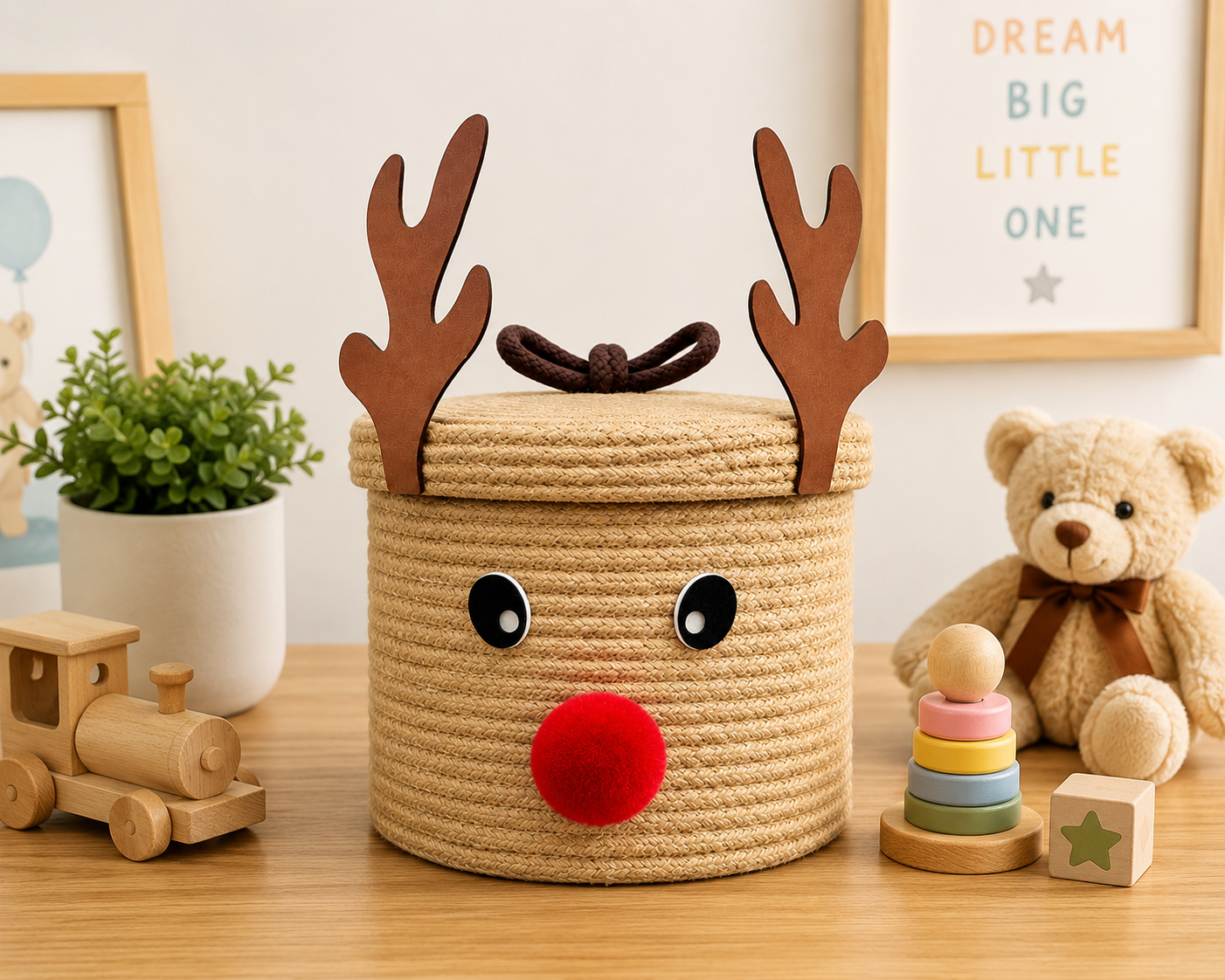 Reindeer Jute Storage Basket with Lid – Cute Christmas Home Decor & Organizer 🦌🎄