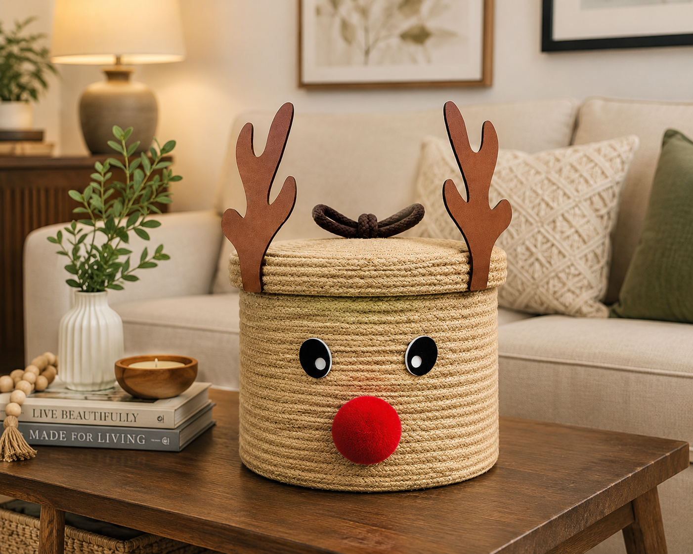 Reindeer Jute Storage Basket with Lid – Cute Christmas Home Decor & Organizer 🦌🎄