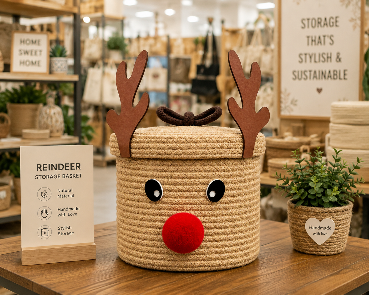 Reindeer Jute Storage Basket with Lid – Cute Christmas Home Decor & Organizer 🦌🎄