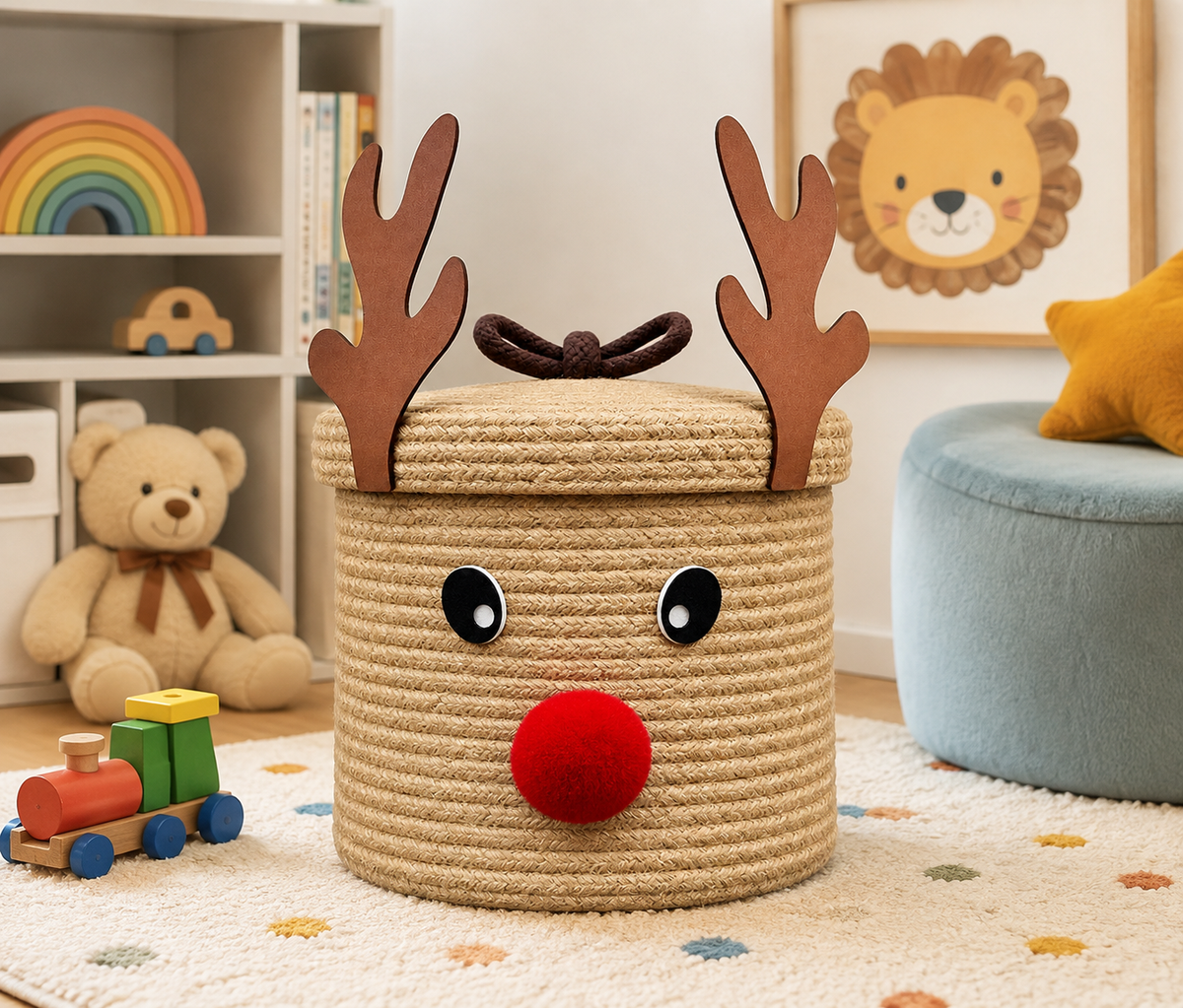 Reindeer Jute Storage Basket with Lid – Cute Christmas Home Decor & Organizer 🦌🎄