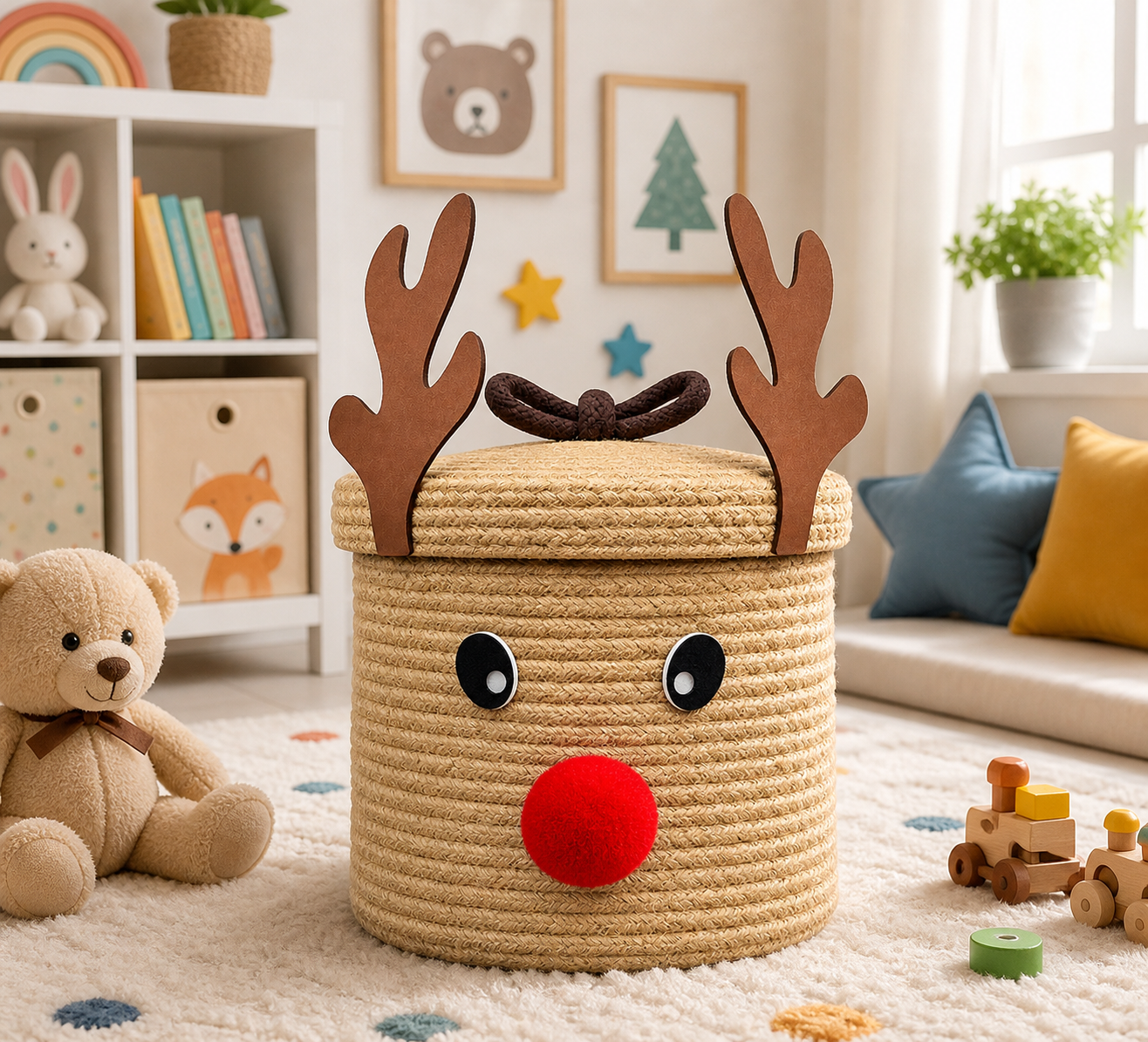 Reindeer Jute Storage Basket with Lid – Cute Christmas Home Decor & Organizer 🦌🎄
