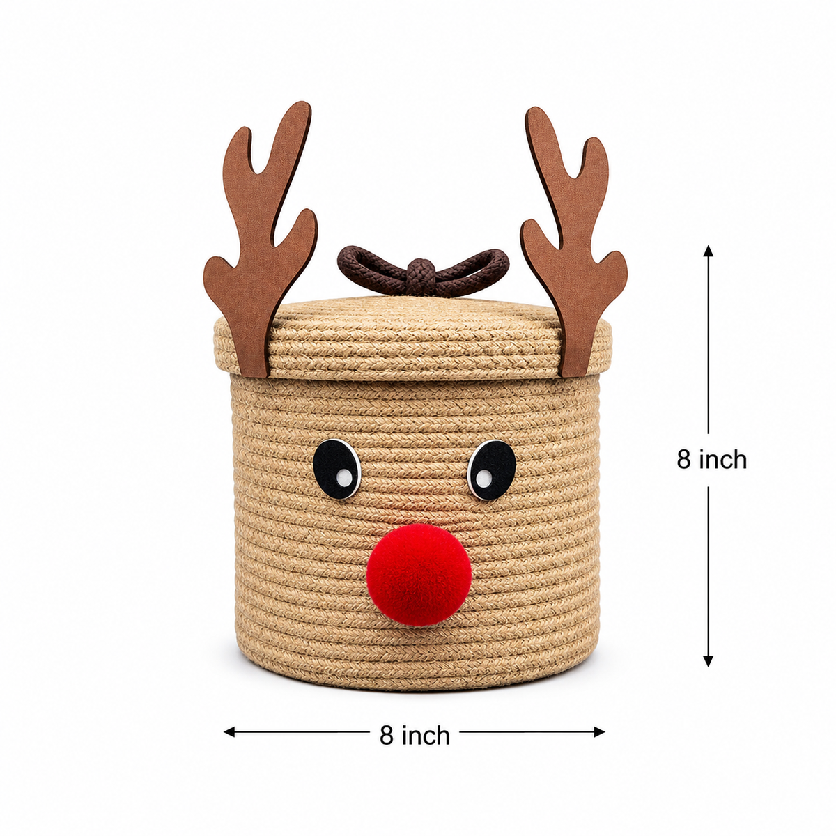 Handmade Reindeer Storage Basket with Lid | Woven Rope Organizer for Toys, Clothes, Nursery, Bedroom & Home Décor-8x8 inch