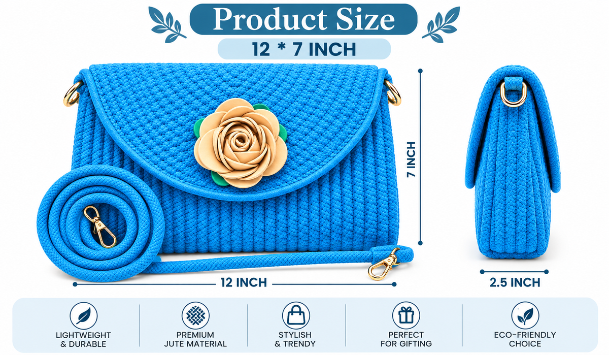 Blue Handmade Woven Sling Bag with Floral Design | Stylish Crossbody Clutch