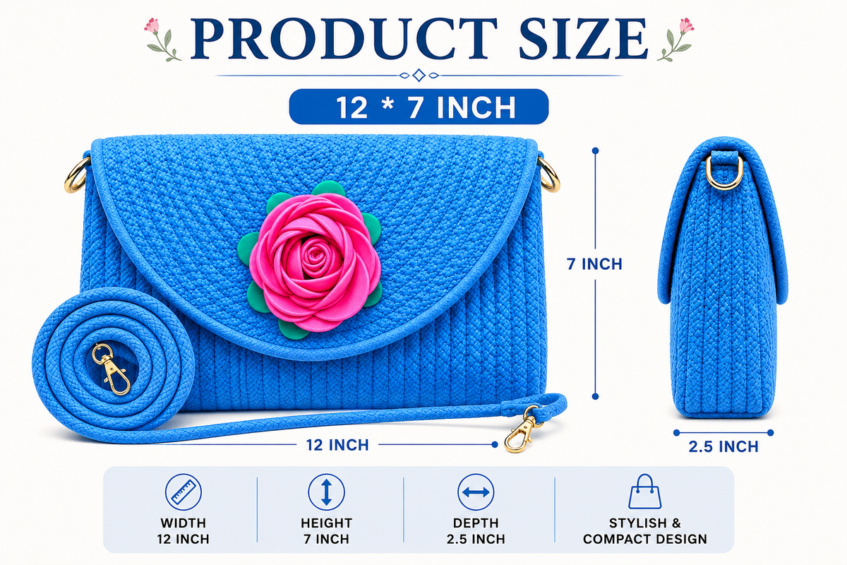 Blue Handmade Woven Sling Bag with Floral Design | Stylish Crossbody Clutch