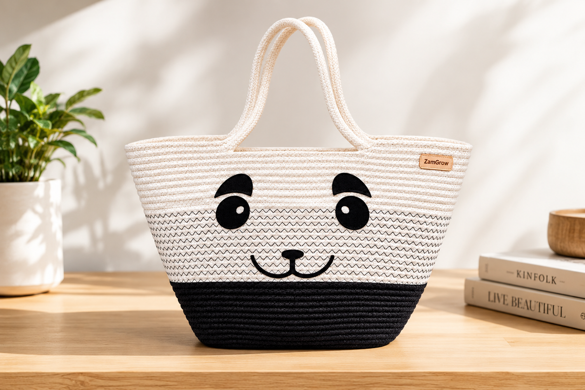 Cute Penguin Jute Tote Bag for Kids & Women – Handmade Rope Shopping Bag