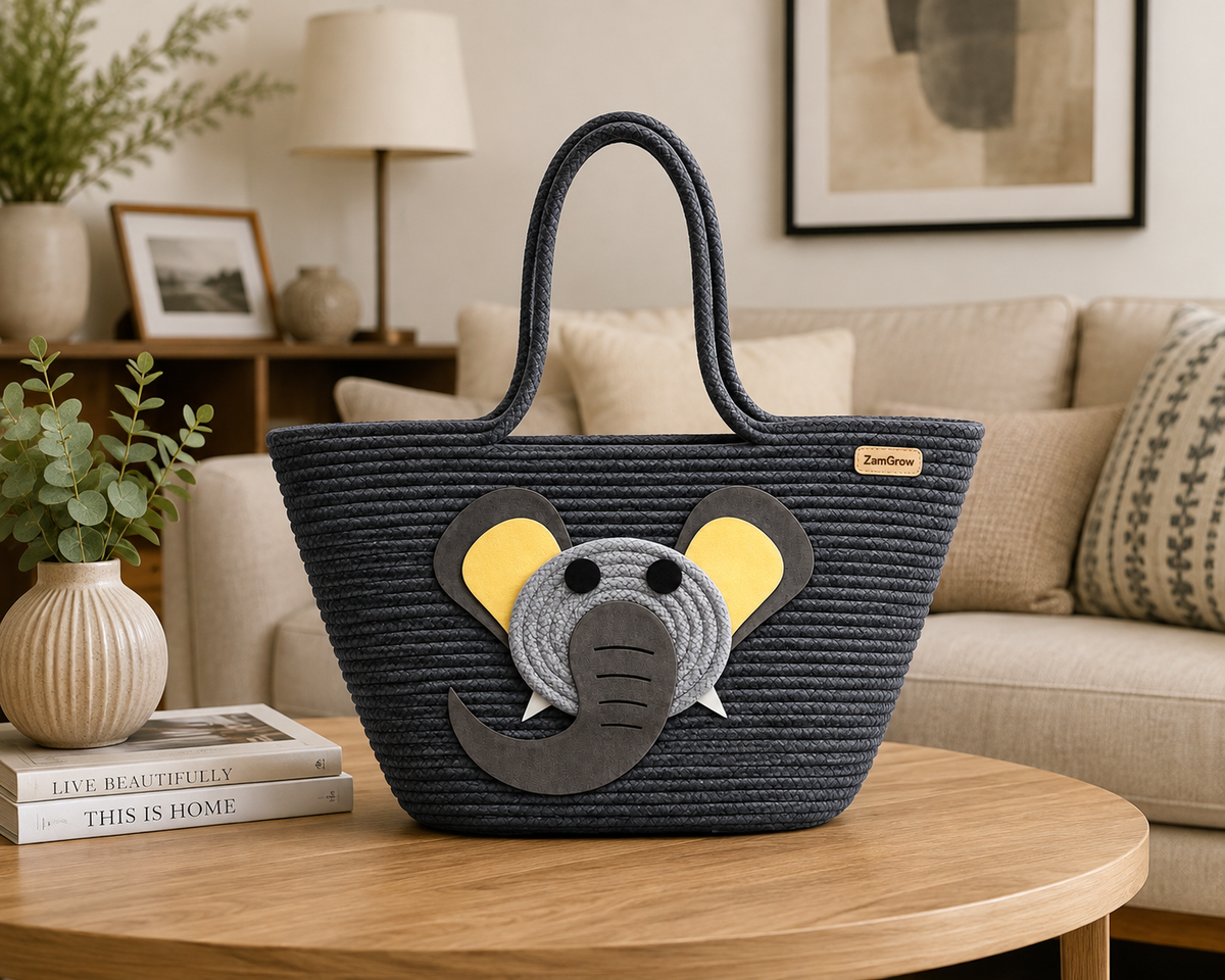 Elephant Face Woven Jute Tote Bag – Cute Eco-Friendly Shopping & Gift Bag