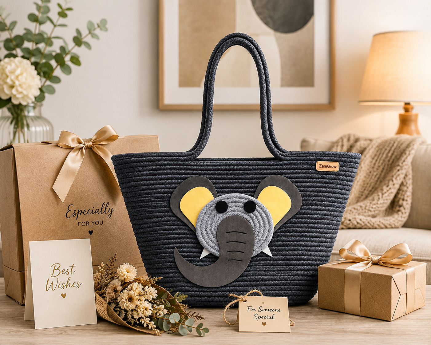 Elephant Face Woven Jute Tote Bag – Cute Eco-Friendly Shopping & Gift Bag