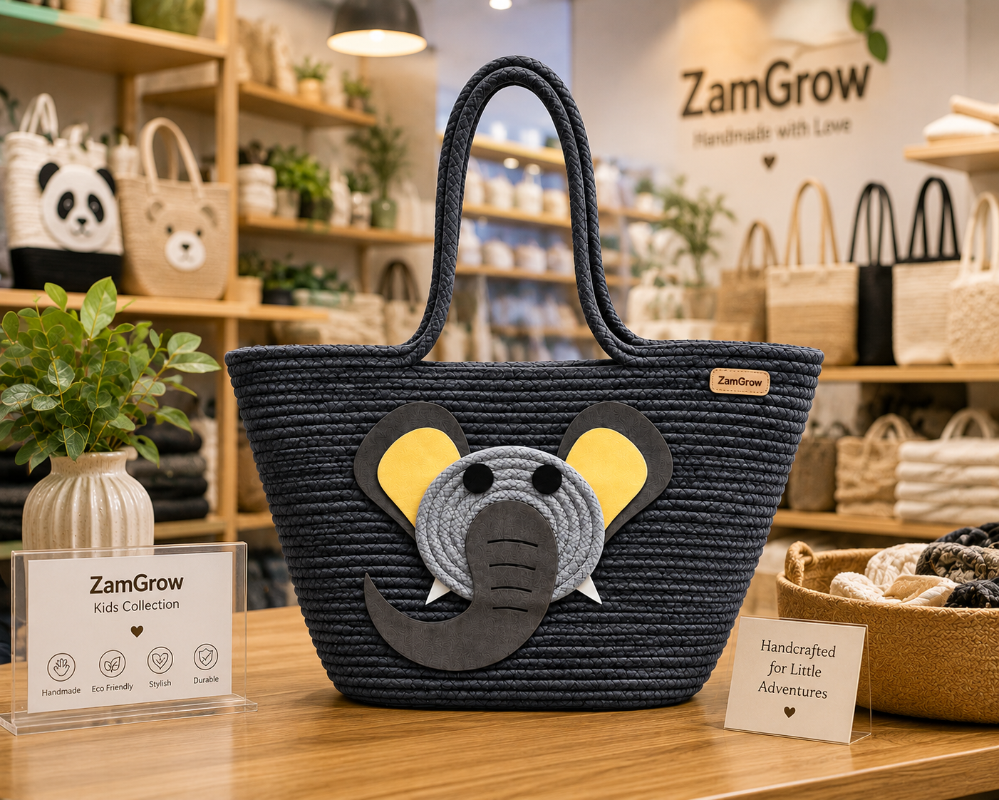 Elephant Face Woven Jute Tote Bag – Cute Eco-Friendly Shopping & Gift Bag