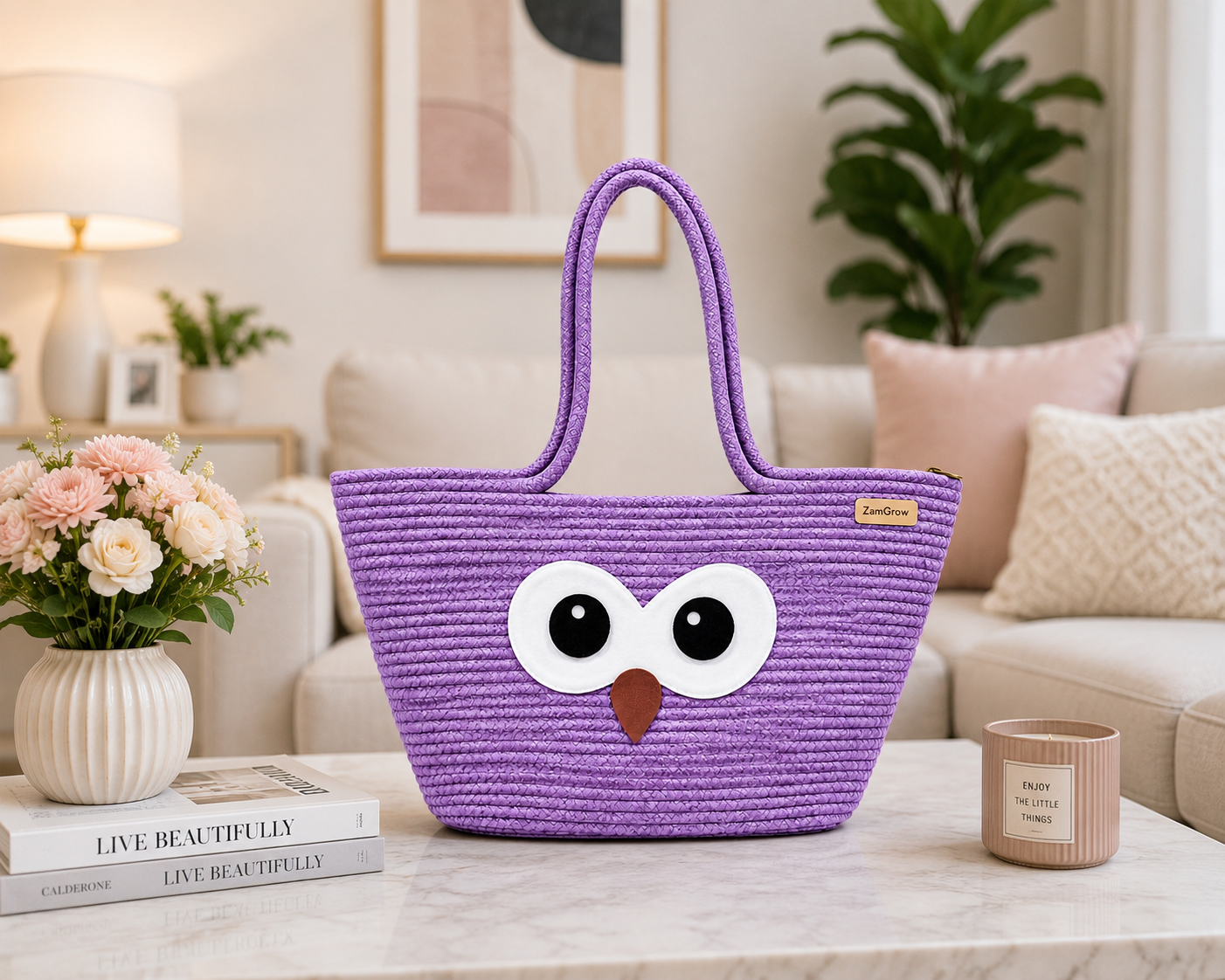 Cute Owl Face Woven Jute Tote Bag – Stylish Eco-Friendly Shopping & Gift Bag