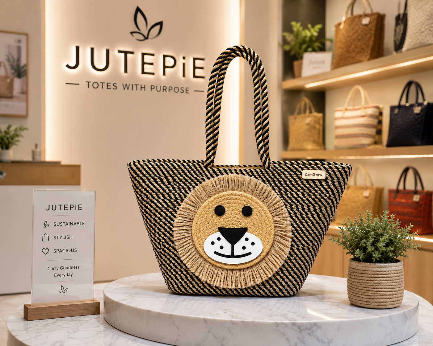 Lion Face Jute Tote Bag | Handmade Decorative Shopping & Carry Bag