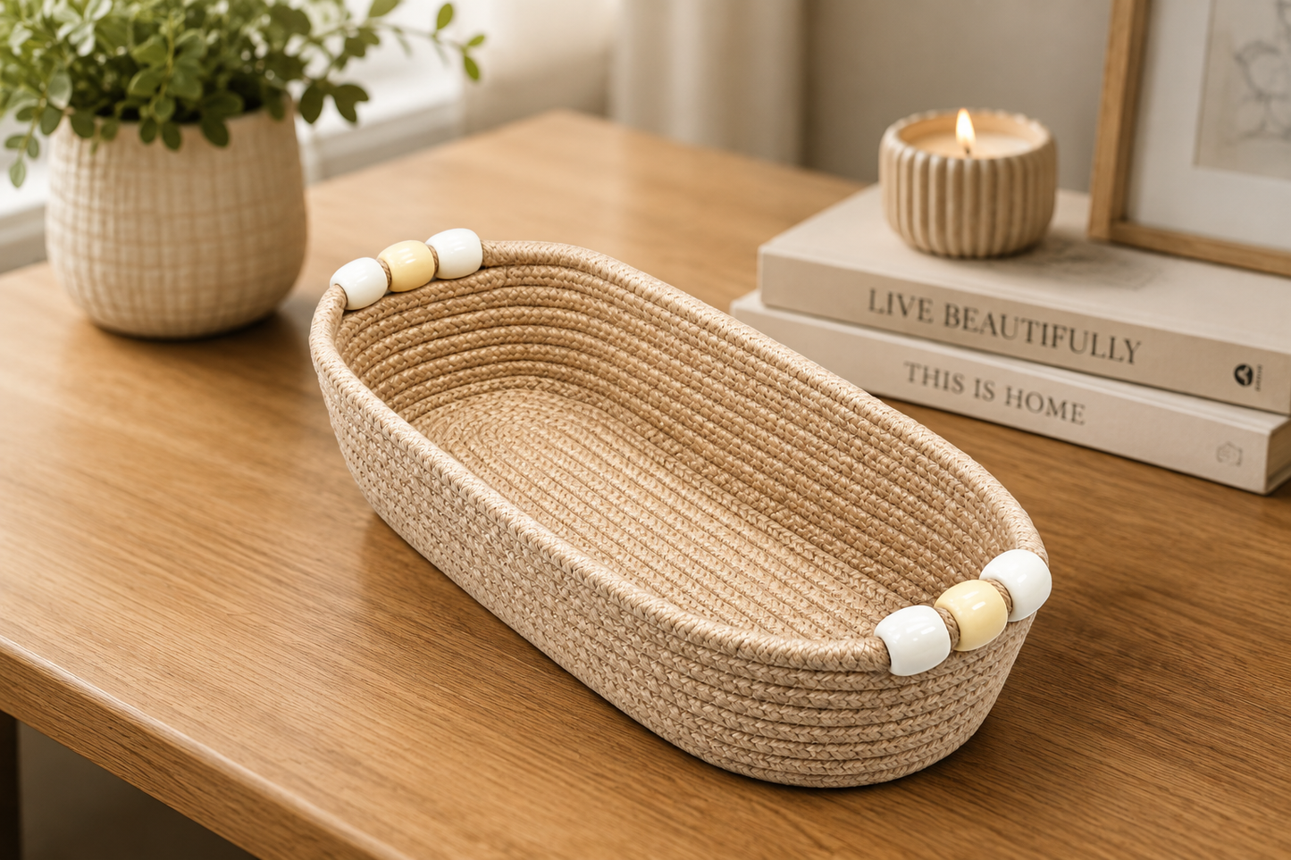 Natural Jute Rope Woven Storage Basket with Beaded Handles | Multipurpose Decorative Organizer