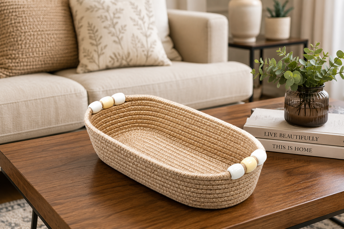 Natural Jute Rope Woven Storage Basket with Beaded Handles | Multipurpose Decorative Organizer