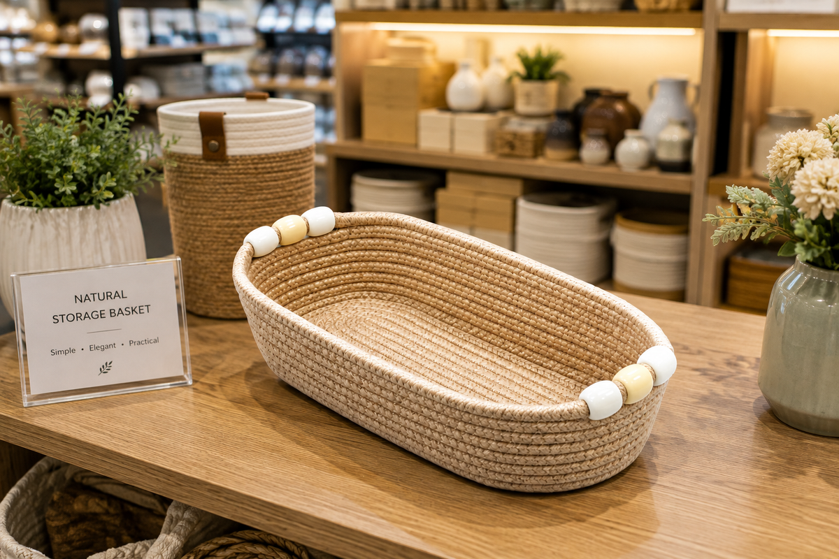 Natural Jute Rope Woven Storage Basket with Beaded Handles | Multipurpose Decorative Organizer