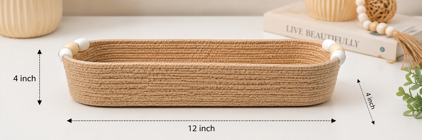 Natural Jute Rope Woven Storage Basket with Beaded Handles | Multipurpose Decorative Organizer