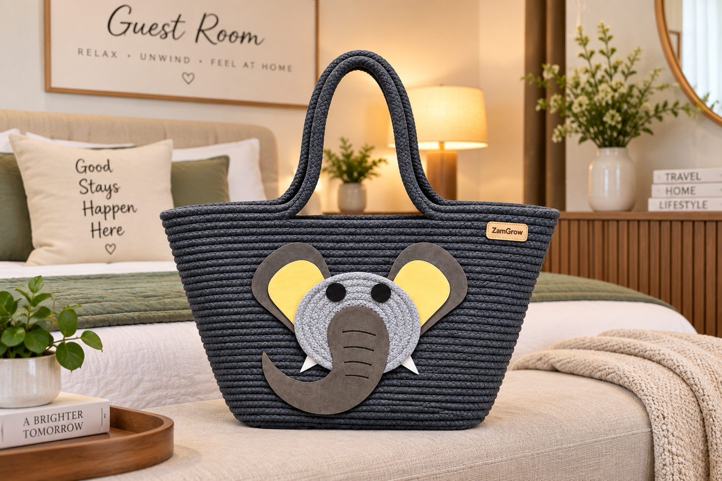 Elephant Face Woven Jute Tote Bag – Cute Eco-Friendly Shopping & Gift Bag