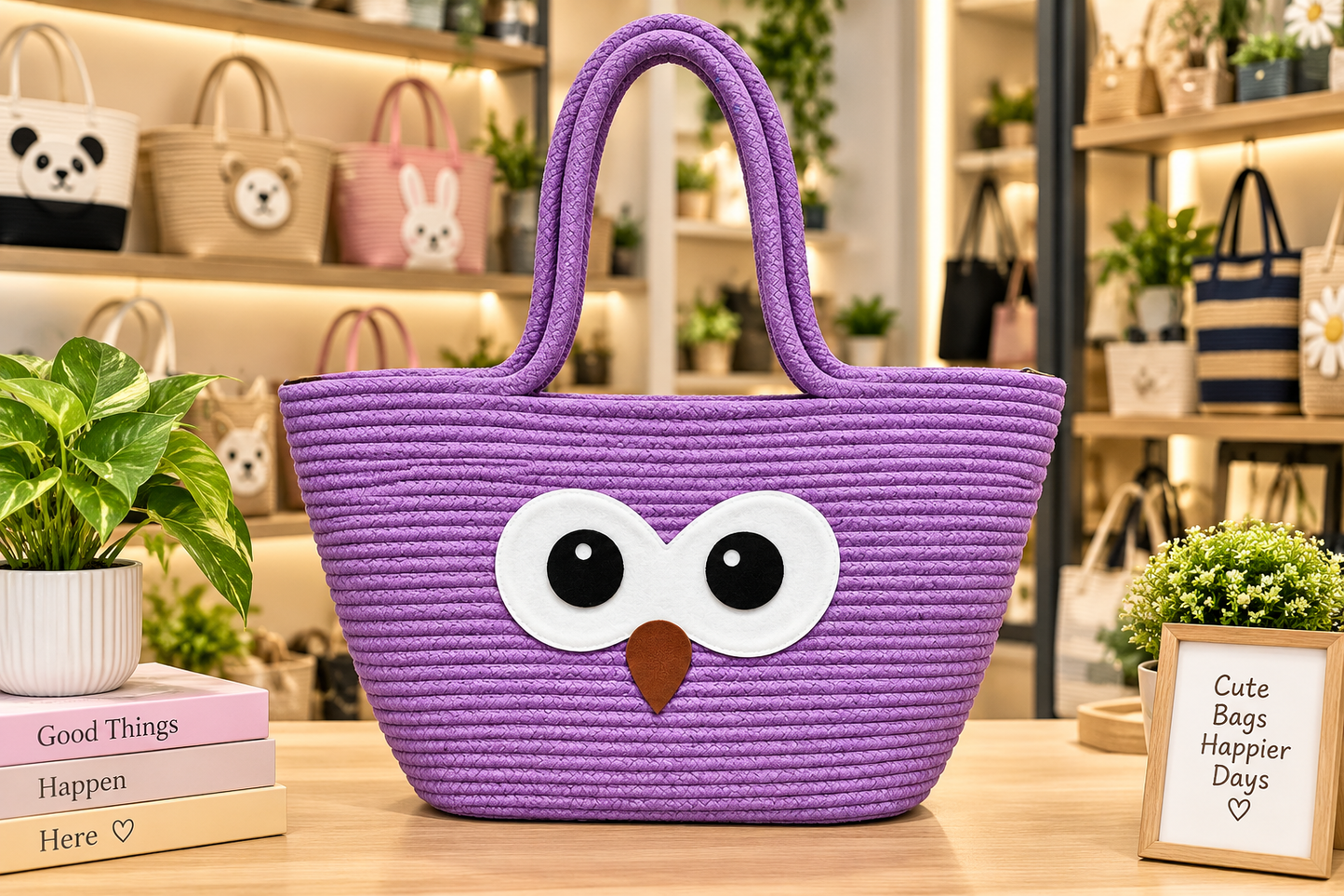 Cute Owl Face Woven Jute Tote Bag – Stylish Eco-Friendly Shopping & Gift Bag