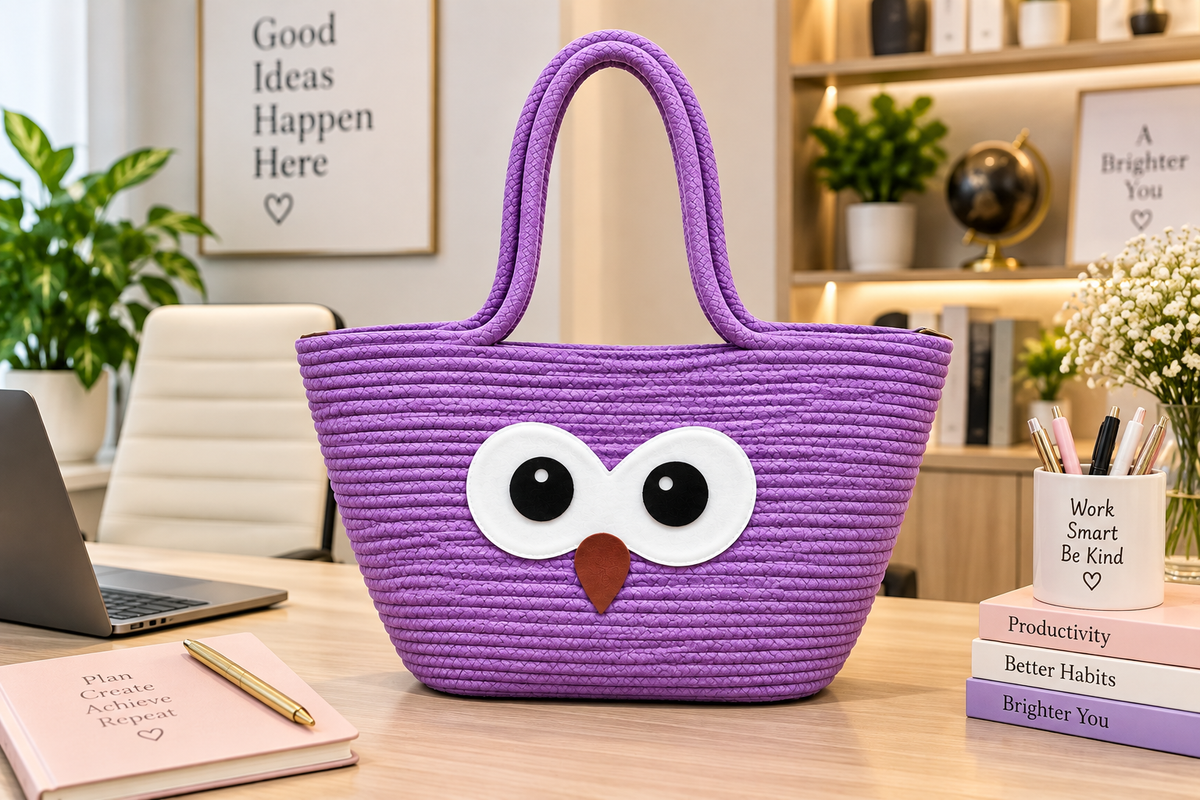 Cute Owl Face Woven Jute Tote Bag – Stylish Eco-Friendly Shopping & Gift Bag