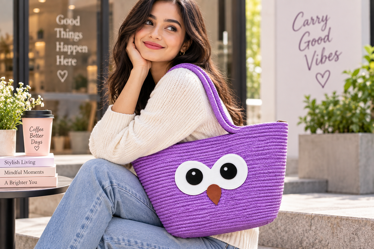 Cute Owl Face Woven Jute Tote Bag – Stylish Eco-Friendly Shopping & Gift Bag