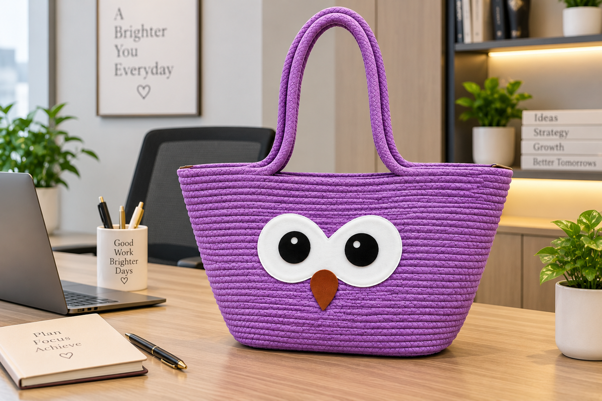 Cute Owl Face Woven Jute Tote Bag – Stylish Eco-Friendly Shopping & Gift Bag