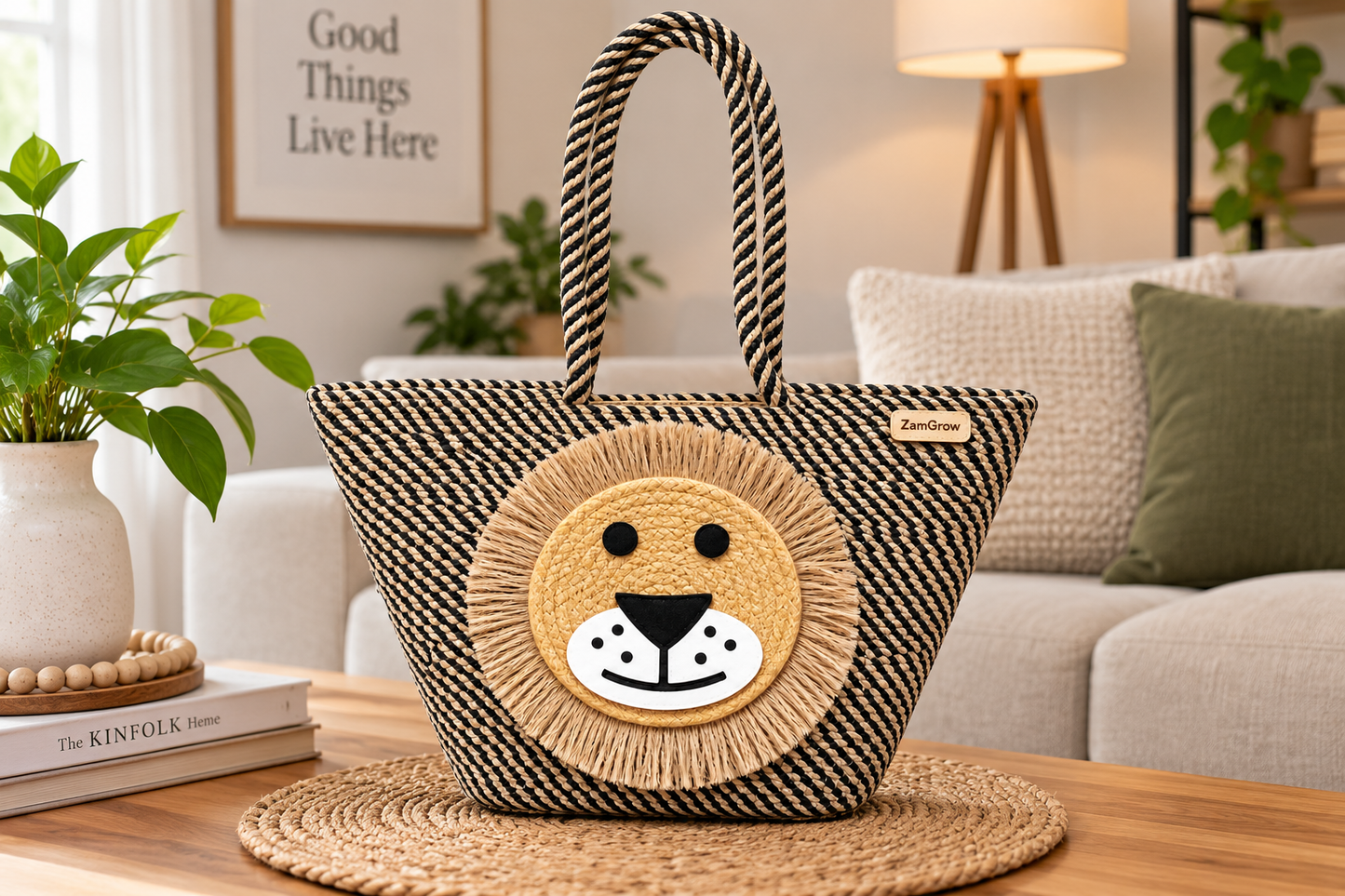 Lion Face Jute Tote Bag | Handmade Decorative Shopping & Carry Bag