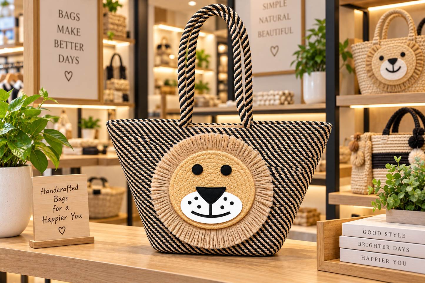 Lion Face Jute Tote Bag | Handmade Decorative Shopping & Carry Bag