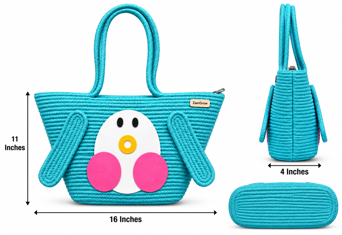 Cute Penguin Woven Tote Bag – Handmade Rope Shoulder Bag for Women & Kids