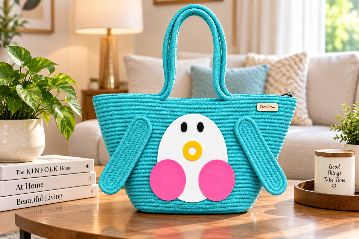Cute Penguin Woven Tote Bag – Handmade Rope Shoulder Bag for Women & Kids