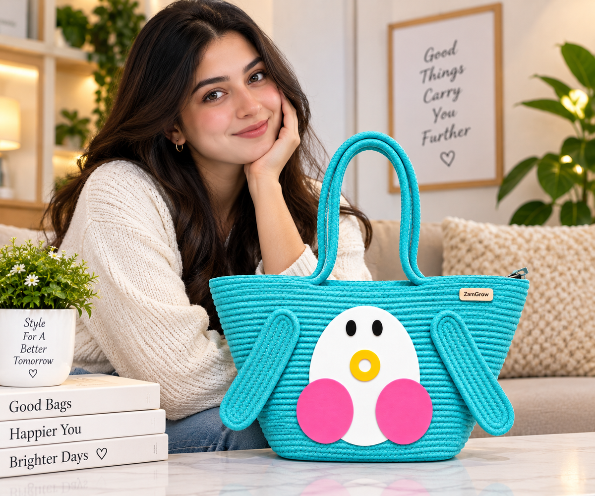 Cute Penguin Woven Tote Bag – Handmade Rope Shoulder Bag for Women & Kids