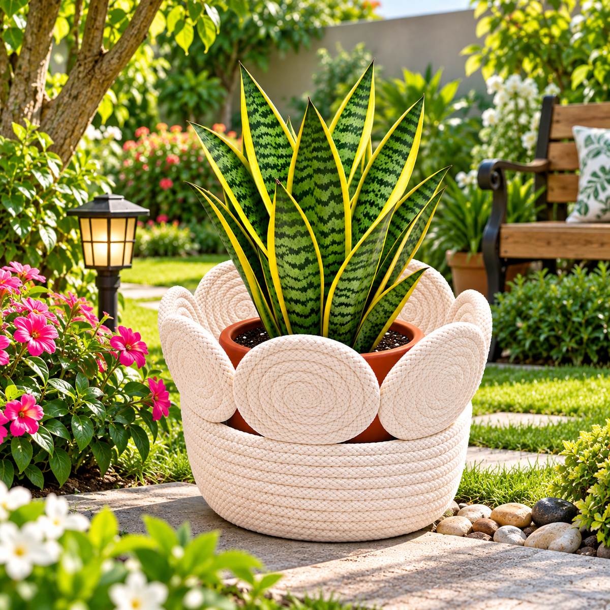 Handmade Woven Rope Planter Basket with Floral Spiral Design | Decorative Plant Pot Cover for Home, Living Room, Balcony & Office Décor-8x8 inch