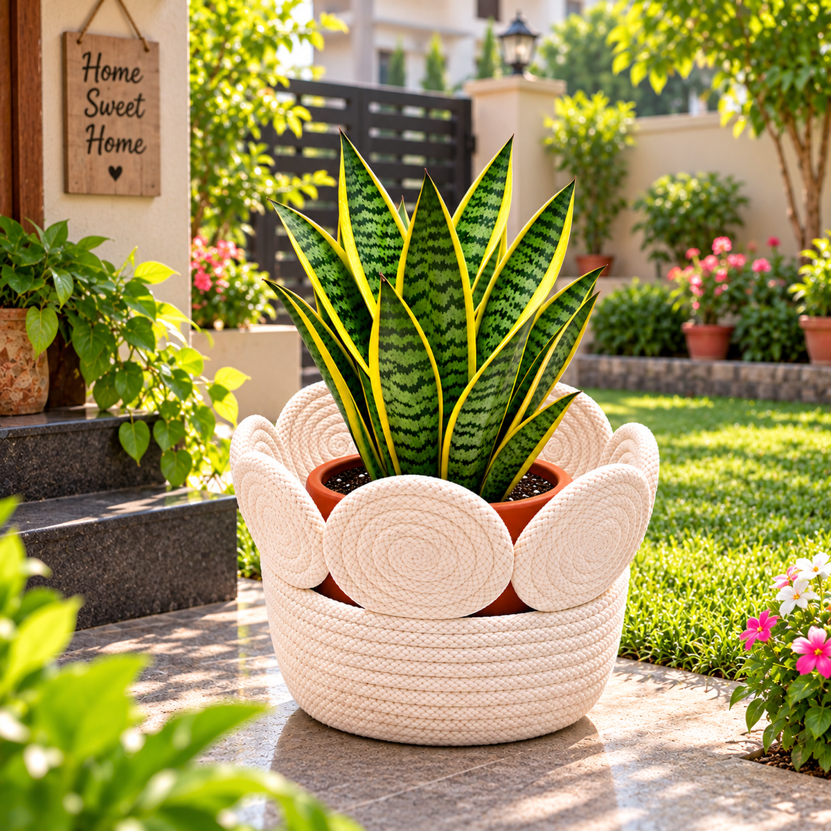 Handmade Woven Rope Planter Basket with Floral Spiral Design | Decorative Plant Pot Cover for Home, Living Room, Balcony & Office Décor-8x8 inch