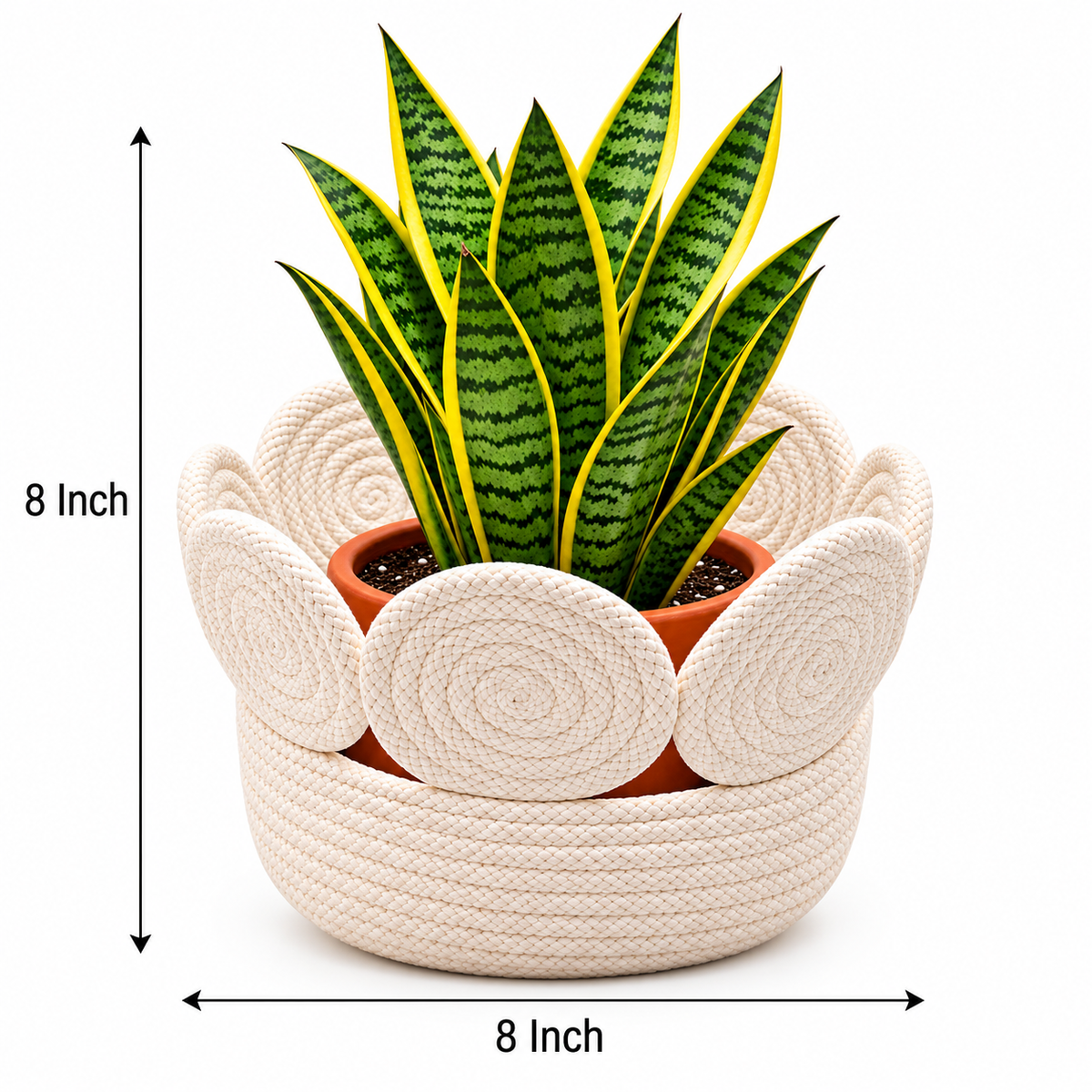 Handmade Woven Rope Planter Basket with Floral Spiral Design | Decorative Plant Pot Cover for Home, Living Room, Balcony & Office Décor-8x8 inch
