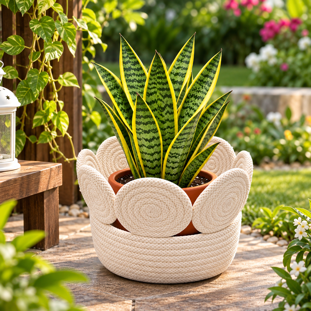 Handmade Woven Rope Planter Basket with Floral Spiral Design | Decorative Plant Pot Cover for Home, Living Room, Balcony & Office Décor-8x8 inch