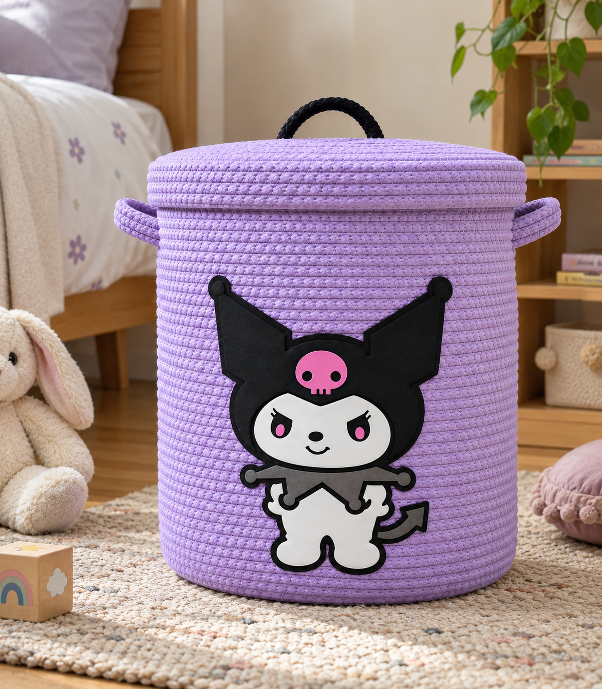 Handmade Bat Kids Laundry Basket with Lid | Cute Character Storage Basket for Kids Room | 14 x 16 Inches