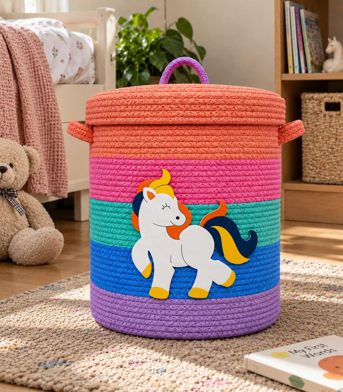 Handmade Unicorn Kids Laundry Basket with Lid | Cute Rainbow Animal Storage Basket for Kids Room |14 x 16 Inches