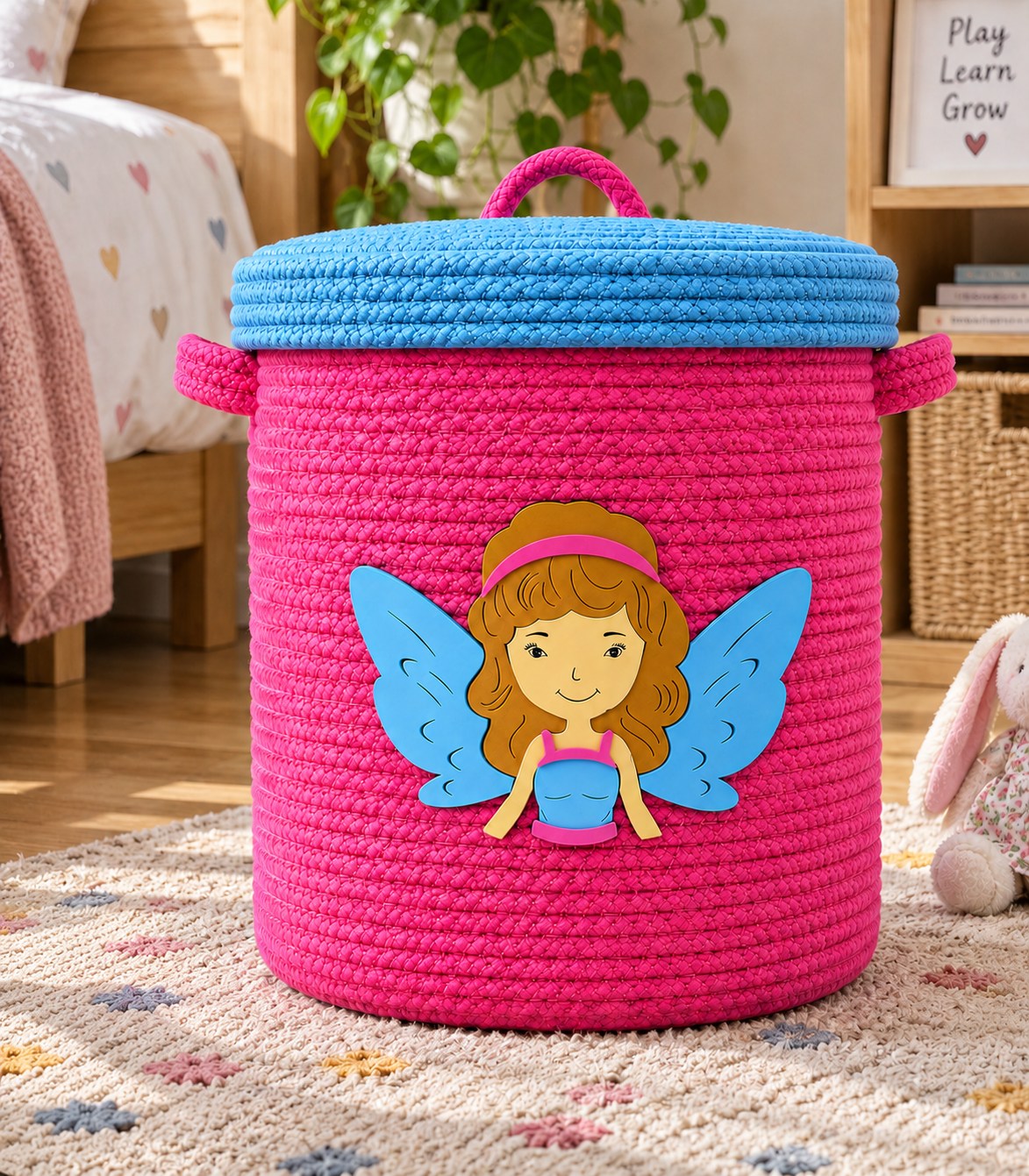 Handmade Fairy Kids Laundry Basket with Lid | Cute Girls Clothes & Toy Storage Basket | 14 x 16 Inches