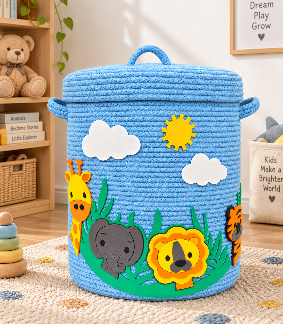 Handmade Jungle Theme Kids Laundry Basket | Cute Storage Basket for Kids Room | Multipurpose Clothes & Toy Organizer | 14 x 16 Inches