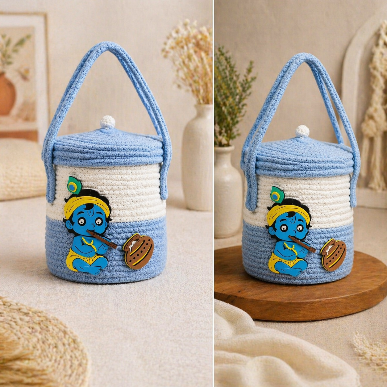 Handcrafted Krishna Design Crochet Storage Basket with Lid (7x7 Inch)