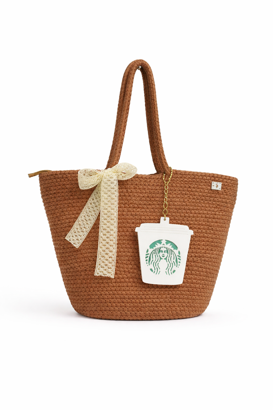 Handmade Cotton Rope Tote Bag with Decorative Coffee Cup Charm & Lace Bow – Stylish Everyday Carry Bag, Available in 5 Colours