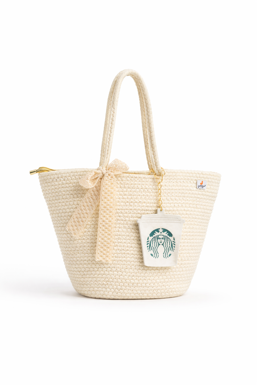 Handmade Cotton Rope Tote Bag with Decorative Coffee Cup Charm & Lace Bow – Stylish Everyday Carry Bag, Available in 5 Colours