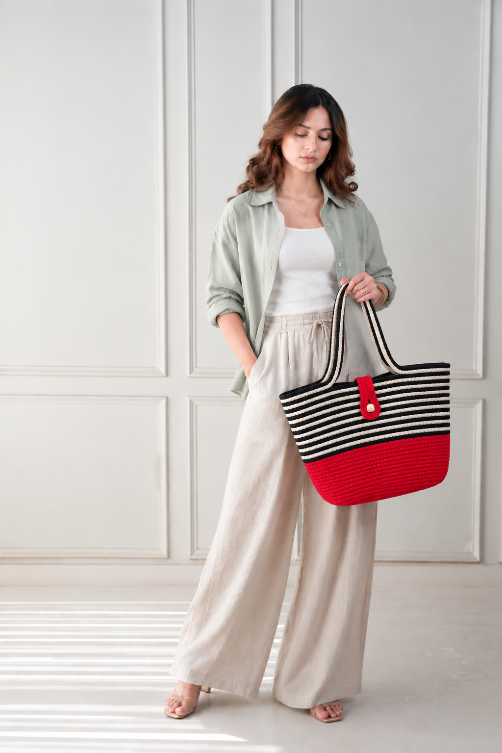 Handmade Jute Striped Rope Tote Bag with Button Closure