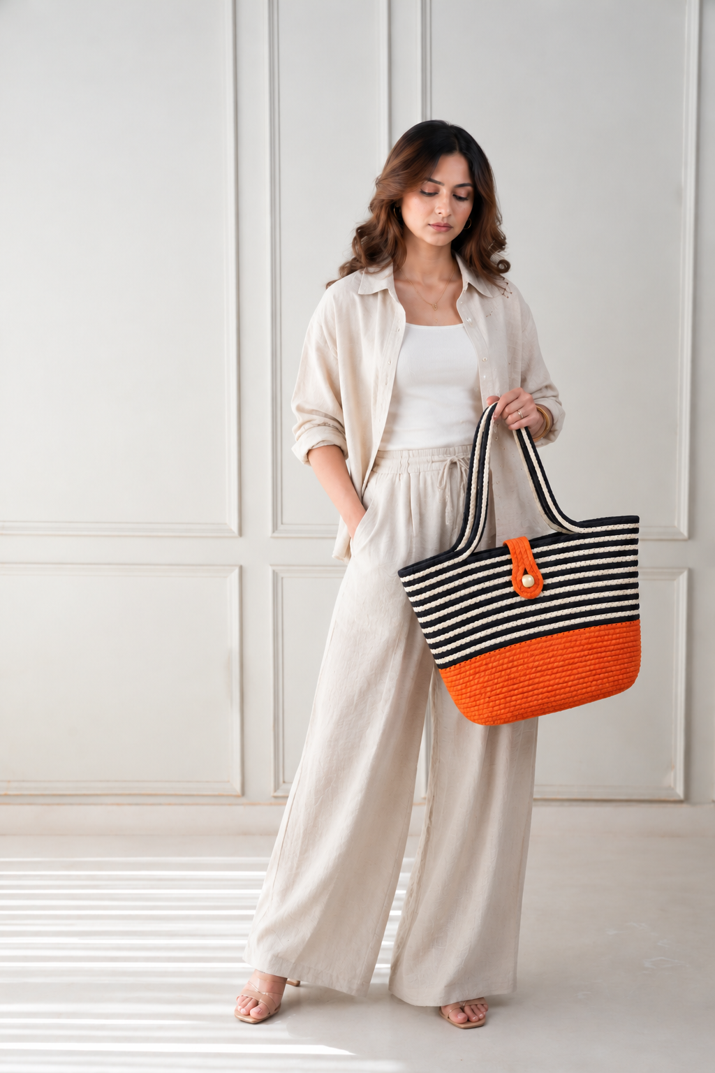 Handmade Jute Striped Rope Tote Bag with Button Closure
