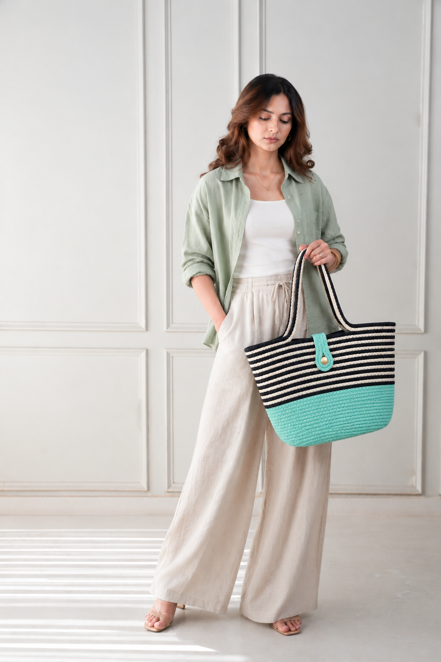Handmade Jute Striped Rope Tote Bag with Button Closure