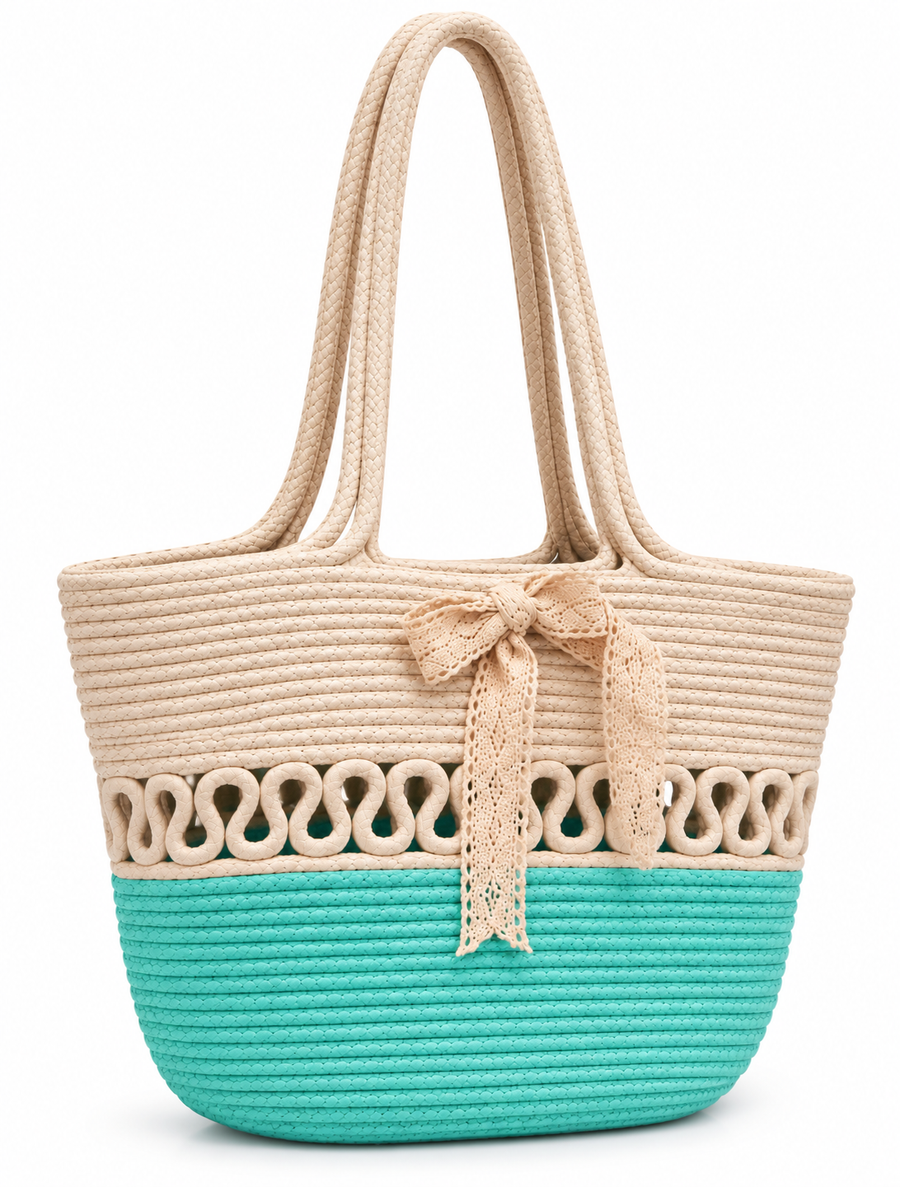 Handmade Braided Rope Tote Bag with Lace Bow Detail-16-11 inch