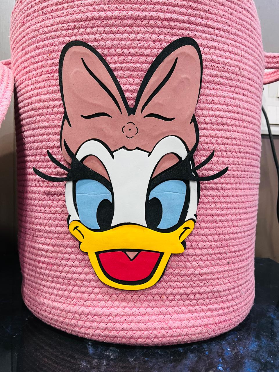 Handmade Pink Duck Jute Laundry Basket – Cute Kids Room Storage Basket, 14 × 16 Inches