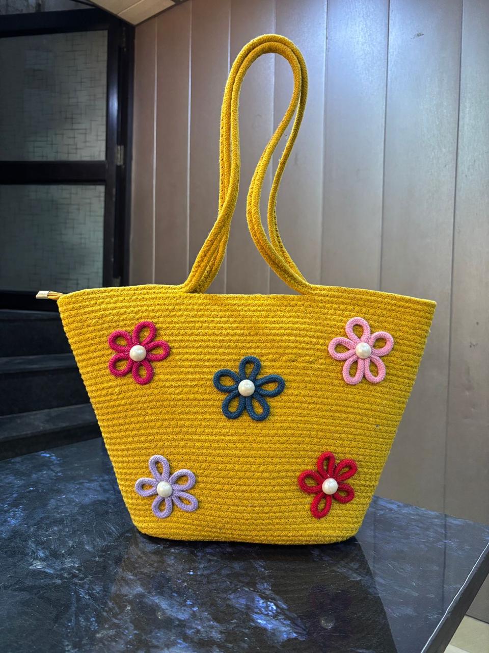 Floral Bloom Handmade Rope Handbag – 16 × 11 Inch
