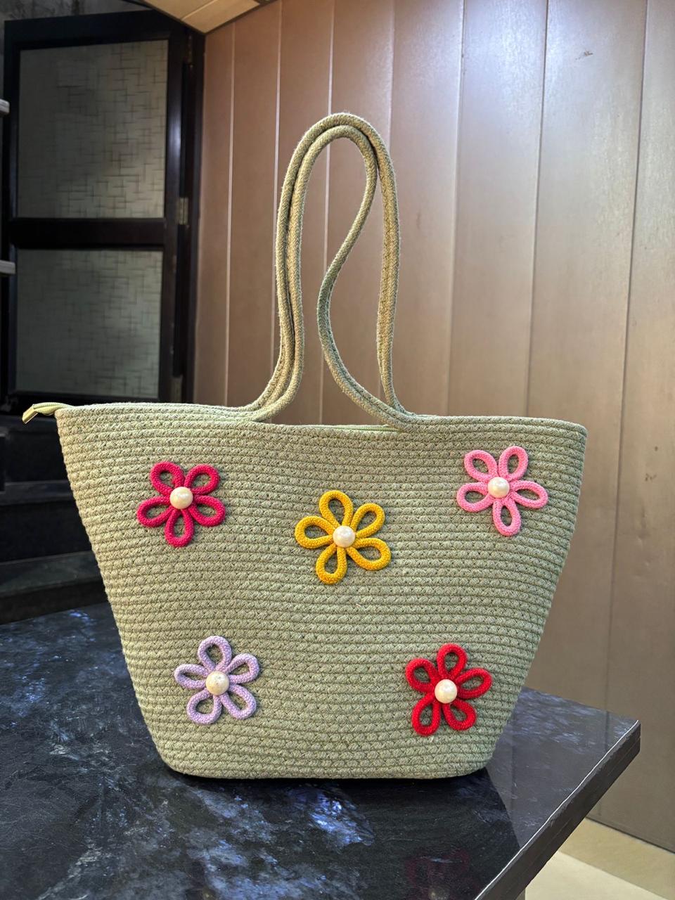 Floral Bloom Handmade Rope Handbag – 16 × 11 Inch