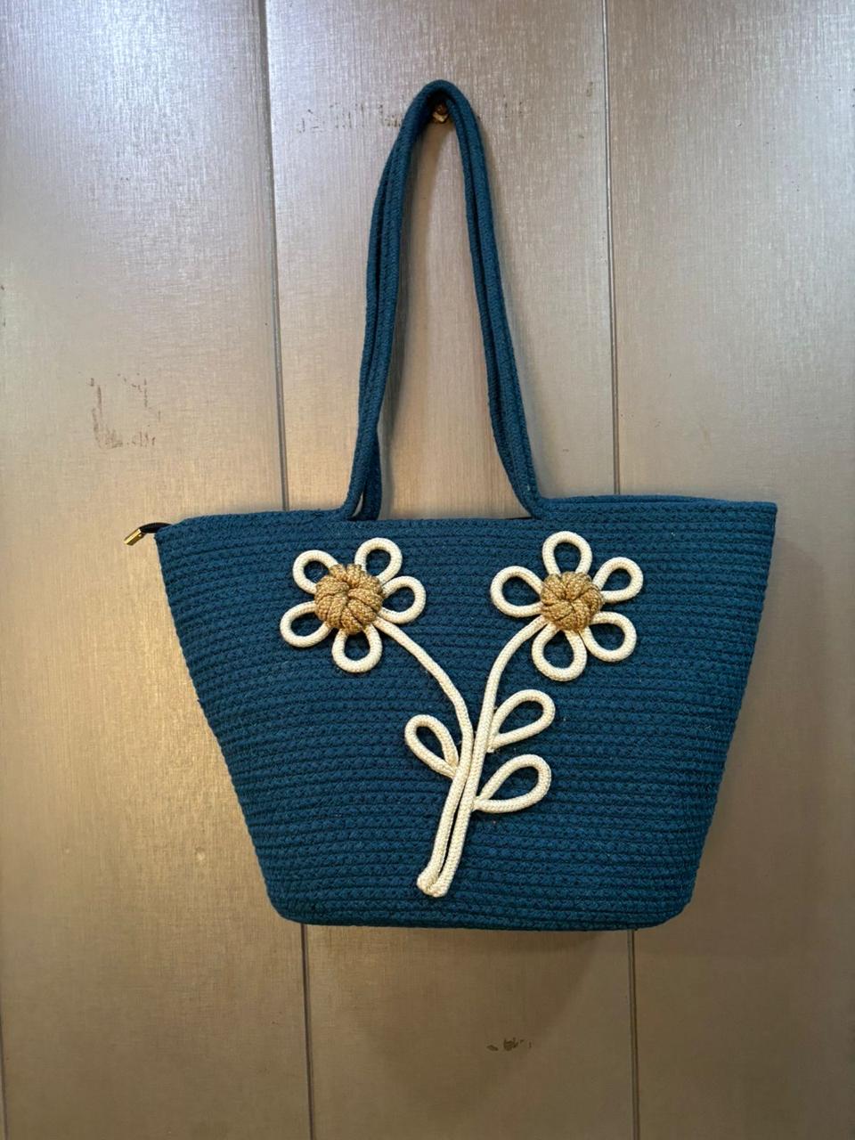 Daisy Bloom Navy Blue Handmade Jute Handbag-16 × 11 Inches