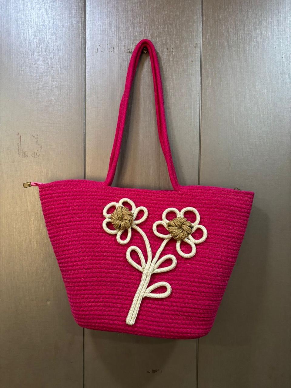 Red Daisy Bloom Handmade Jute Handbag