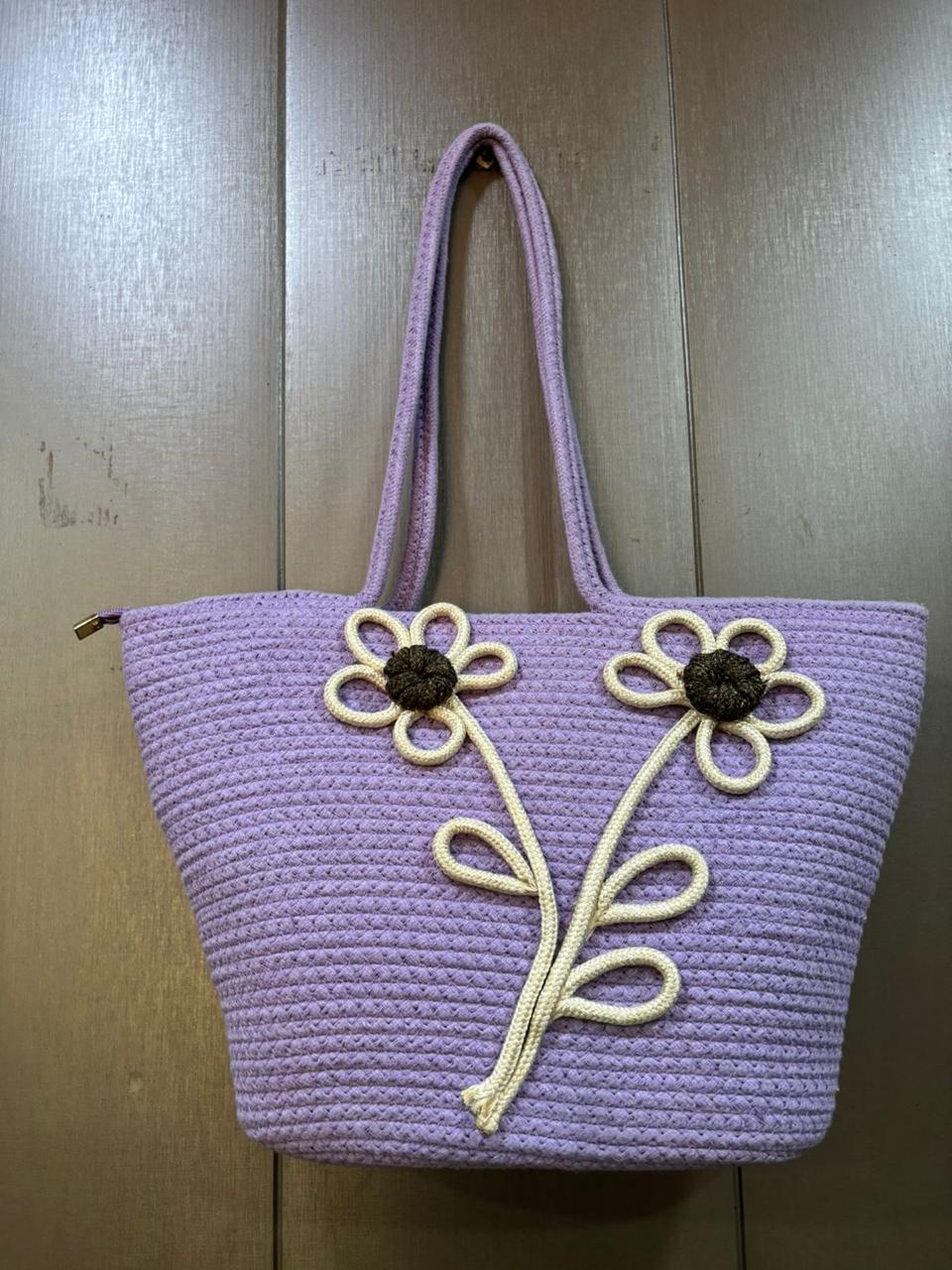 Lavender Daisy Bloom Handmade Jute Handbag– 16 × 11 Inch