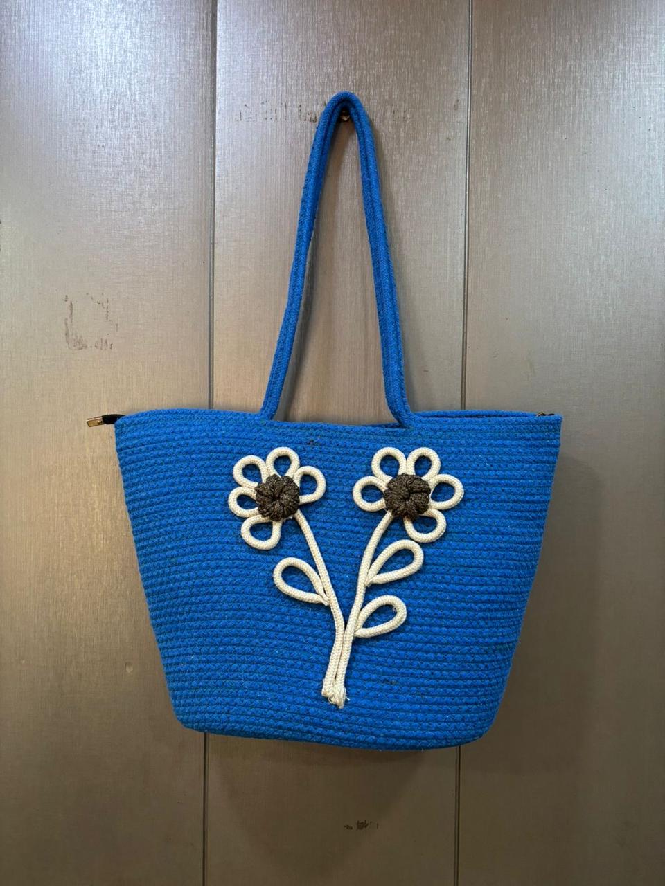 Royal Blue Daisy Bloom Handmade Jute Handbag– 16 × 11 Inch
